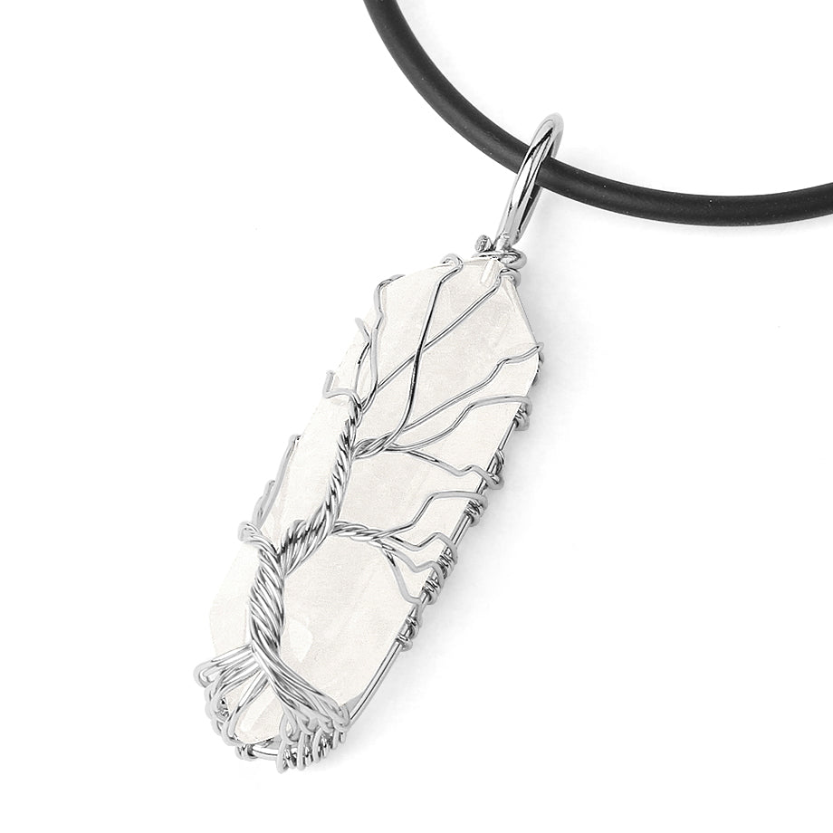 Fengshui Necklace | Natural Crystal Pendant Hexagonal Silver Color Life Tree Wire Wrap Quartz