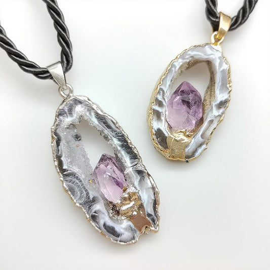 Feng Shui Necklace | Natural Openwork Agate with Amethyst Necklace Gilded/Sliced Edges