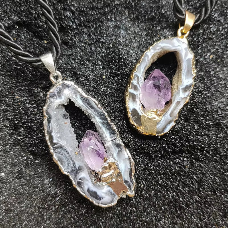 Feng Shui Necklace | Natural Openwork Agate with Amethyst Necklace Gilded/Sliced Edges