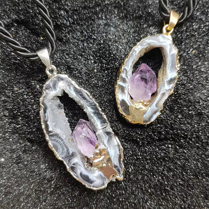Feng Shui Necklace | Natural Openwork Agate with Amethyst Necklace Gilded/Sliced Edges