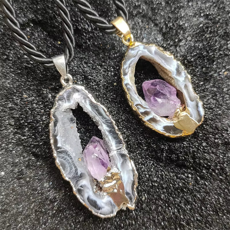 Feng Shui Necklace | Natural Openwork Agate with Amethyst Necklace Gilded/Sliced Edges