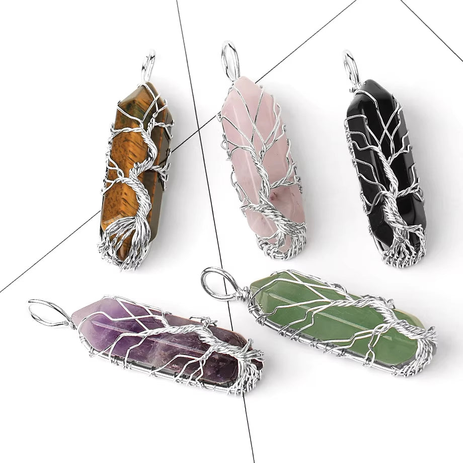 Fengshui Necklace | Natural Crystal Pendant Hexagonal Silver Color Life Tree Wire Wrap Quartz