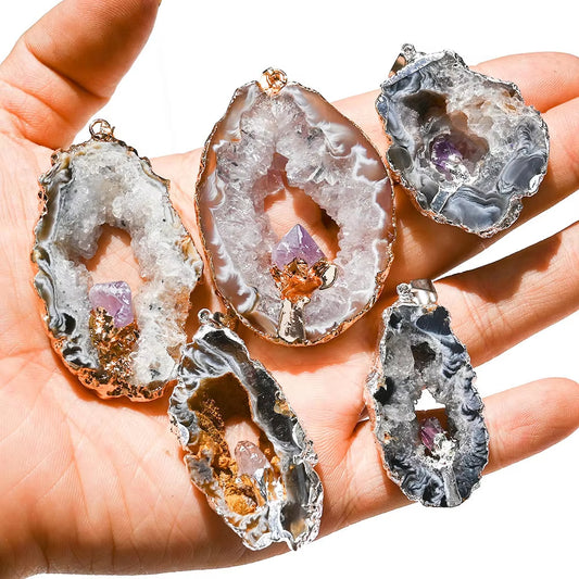 Feng Shui Necklace | Natural Openwork Agate with Amethyst Necklace Gilded/Sliced Edges