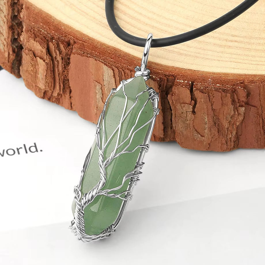Fengshui Necklace | Natural Crystal Pendant Hexagonal Silver Color Life Tree Wire Wrap Quartz