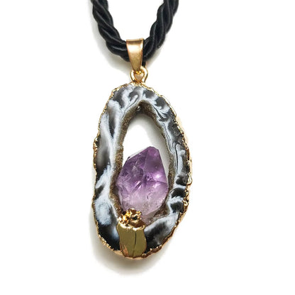 Feng Shui Necklace | Natural Openwork Agate with Amethyst Necklace Gilded/Sliced Edges