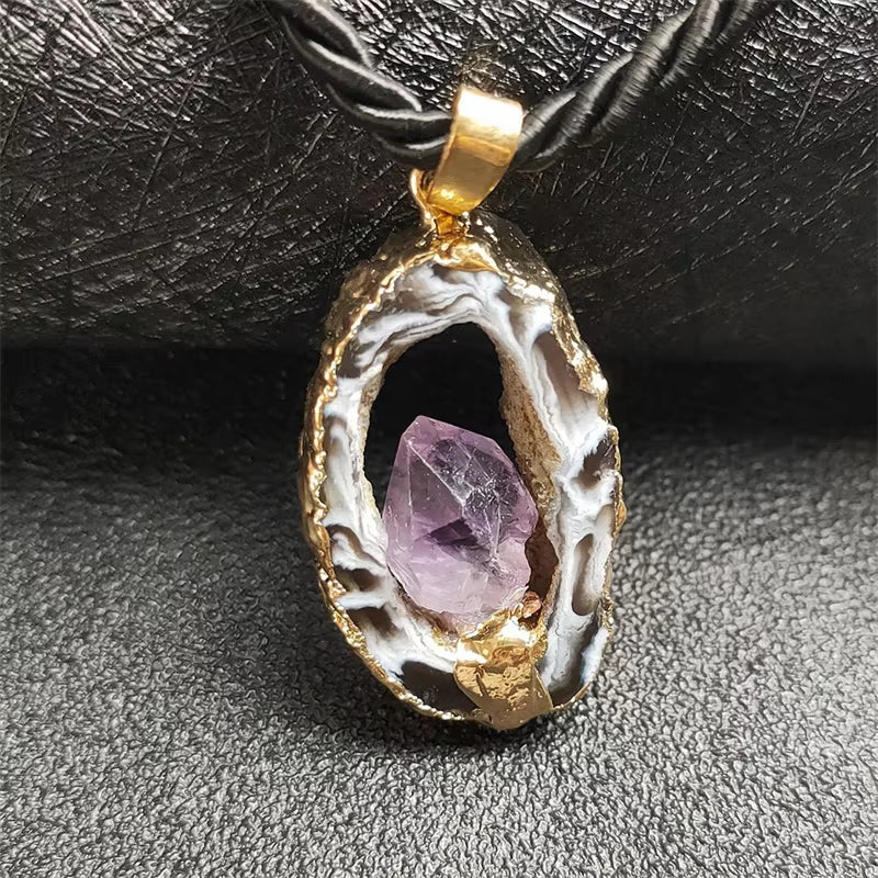 Feng Shui Necklace | Natural Openwork Agate with Amethyst Necklace Gilded/Sliced Edges