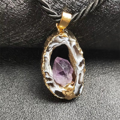 Feng Shui Necklace | Natural Openwork Agate with Amethyst Necklace Gilded/Sliced Edges