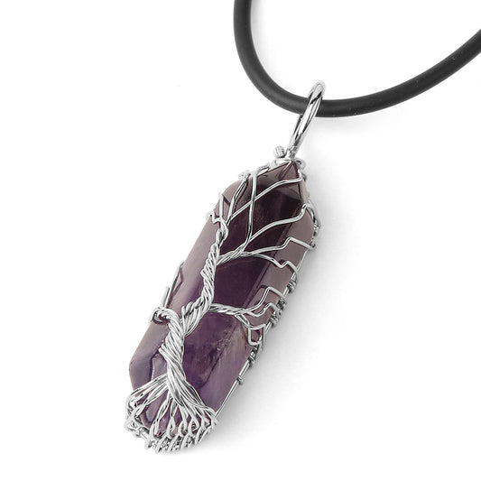 Fengshui Necklace | Natural Crystal Pendant Hexagonal Silver Color Life Tree Wire Wrap Quartz