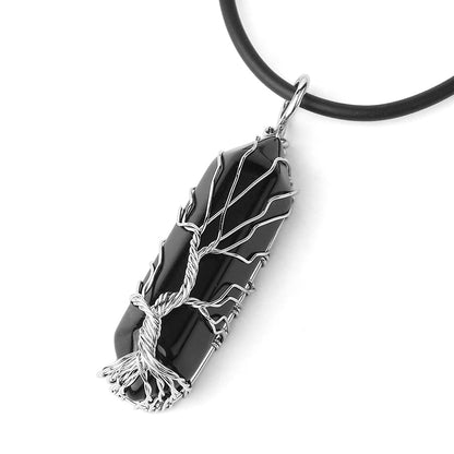 Fengshui Necklace | Natural Crystal Pendant Hexagonal Silver Color Life Tree Wire Wrap Quartz