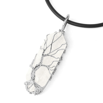 Fengshui Necklace | Natural Crystal Pendant Hexagonal Silver Color Life Tree Wire Wrap Quartz