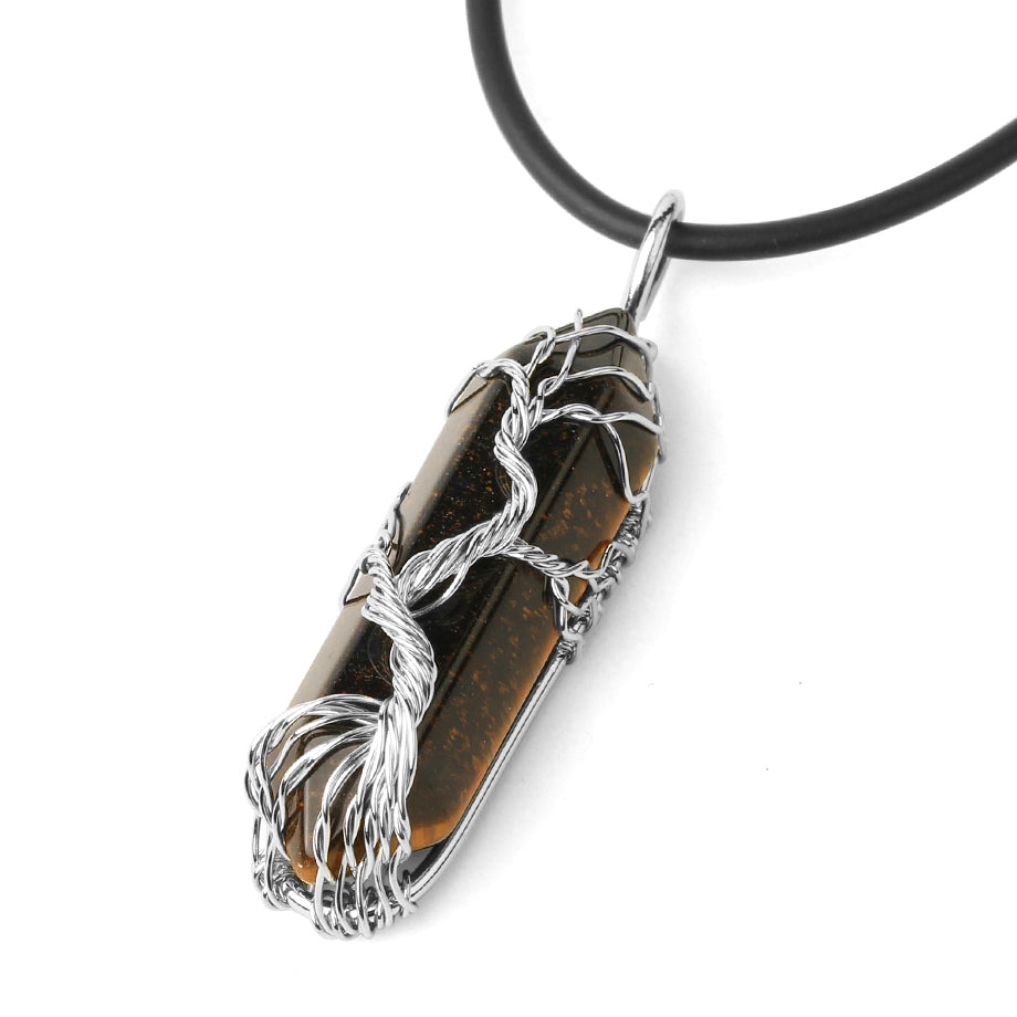 Fengshui Necklace | Natural Crystal Pendant Hexagonal Silver Color Life Tree Wire Wrap Quartz