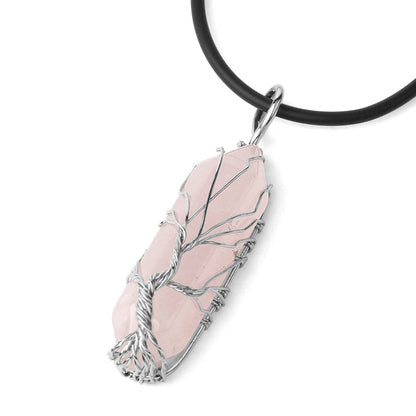 Fengshui Necklace | Natural Crystal Pendant Hexagonal Silver Color Life Tree Wire Wrap Quartz