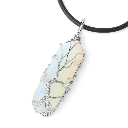 Fengshui Necklace | Natural Crystal Pendant Hexagonal Silver Color Life Tree Wire Wrap Quartz